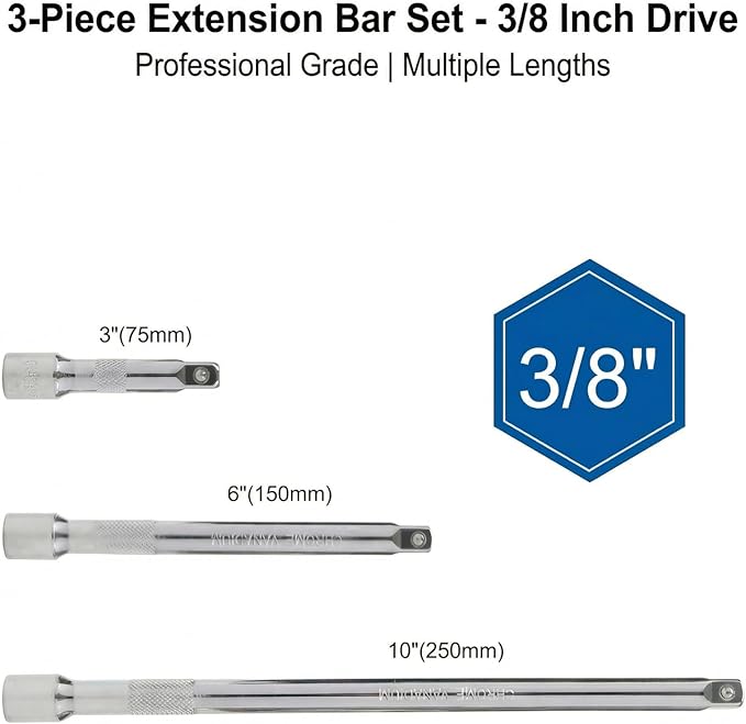 EMSTAR 3/8" Drive Socket Extension Bar Set, 3-Piece: 3", 6", 10" (75mm, 150mm, 250mm), Premium Cr-V Steel, Impact Ready