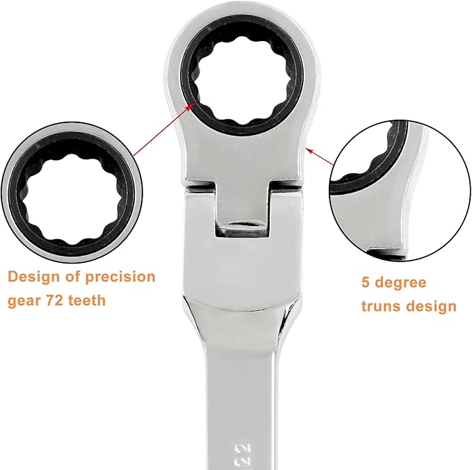 Piutouyar 22mm Flex-Head Ratcheting Wrench, Professional Metric Ratchet Wrench Combination Wrench Box Ended Spanner Tool for Projects Repair(5° Movement and 72 Teeth 12 Point, CR-V)
