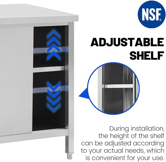 Hally Stainless Steel Cabinet, 30" x 48" NSF Commercial Heavy Duty Prep Workbench with Two Sliding Doors, Large Storage Cabinet