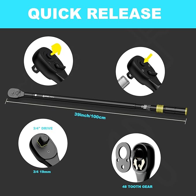 3/4-Inch Drive Click Torque Wrench, 100-650 Ft-Lb/135.5-880.8 Nm with Dual-Direction, 48-Tooth, Dual Range Scales, Quick Release Reversible Head Torque Wrench for Car, Truck, Tractor