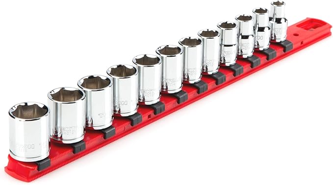 TEKTON 3/8 Inch Drive Shallow 6-Point Socket Set with Rail, 12-Piece (8 - 19 mm) | SHD91102