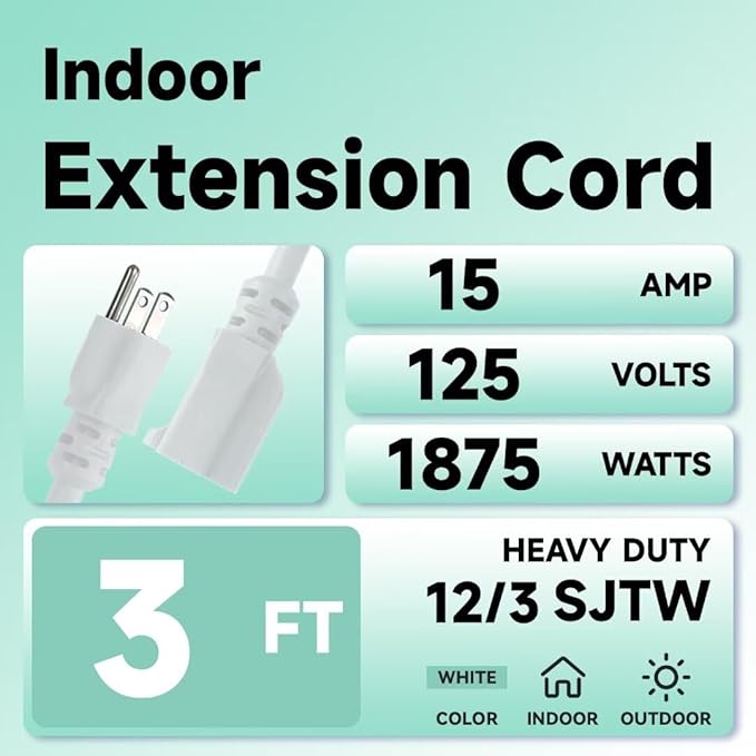 Indoor Extension Cord, 12 Gauge 3 Prong Weatherproof Heavy Duty White Extension Cords, 12/3 SJTW 15A 3 FT Extension Cable for Garage, Garden and Home