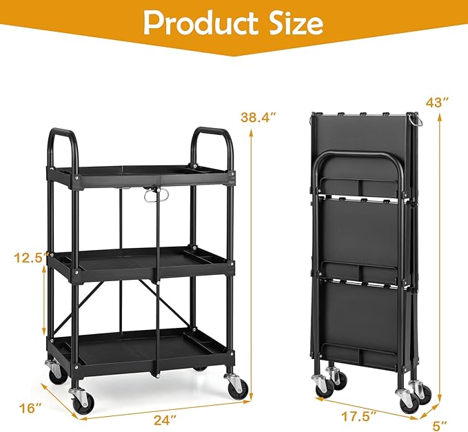Nightcore Folding Utility Cart, 3-Tier Food Service Cart w/Lockable Wheels, 330LBS Capacity, Heavy-Duty Metal Frame Collapsible Utility Cart, Rolling Tool Cart for Home Garage