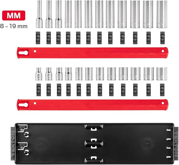 TEKTON 3/8 Inch Drive Shallow and Deep 6-Point Socket Set with Rails and Tray, 24-Piece (8-19 mm) | SHD91215