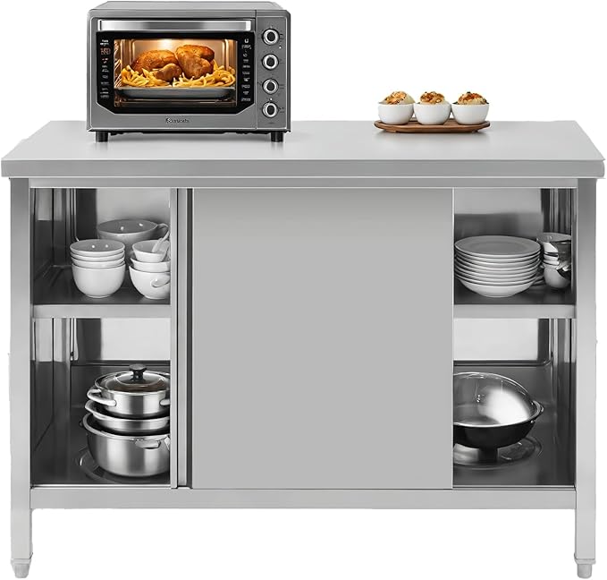 Hally Stainless Steel Cabinet, 30" x 48" NSF Commercial Heavy Duty Prep Workbench with Two Sliding Doors, Large Storage Cabinet