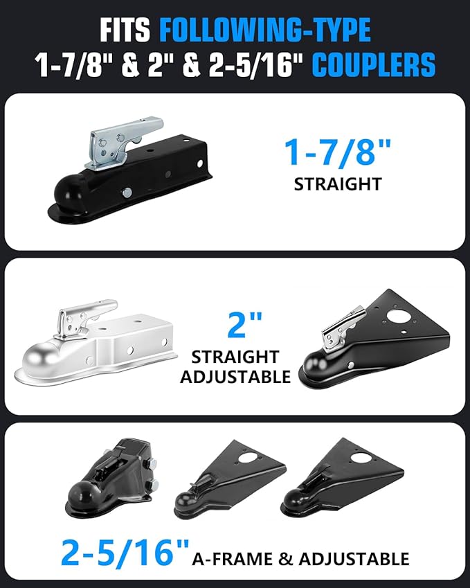 Heavy Duty Anti Theft Trailer Lock, Universal Fit 1-7/8", 2" and 2-5/16" Couplers, Reinforced Solid Steel Tow Lock for Trailer Tongue, Hitch Lock for RV, Cargo, Boat, Camper, Utility (Black)