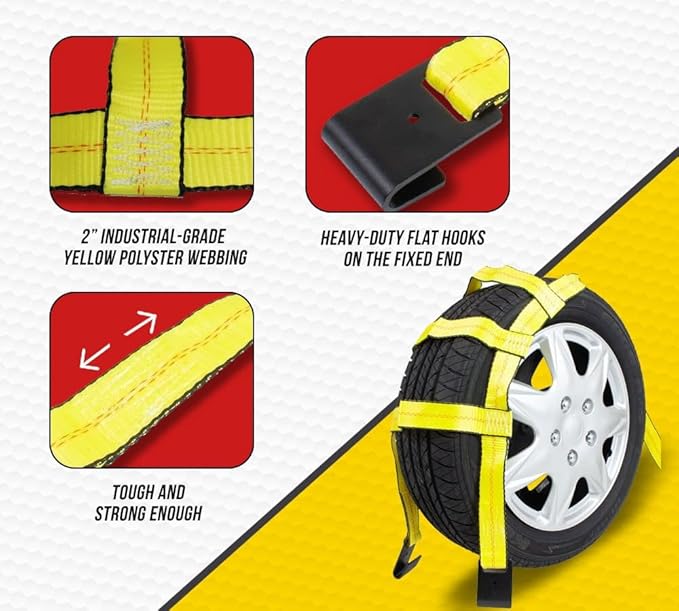 Mytee Products 2 Pack Tow Dolly Basket Straps with Flat Hook for 14"-19" Tires - 12,000 lbs Breaking Strength - Heavy Duty Wheel Net Auto Car Dolly Tie Down Straps for Universal Vehicle Towing