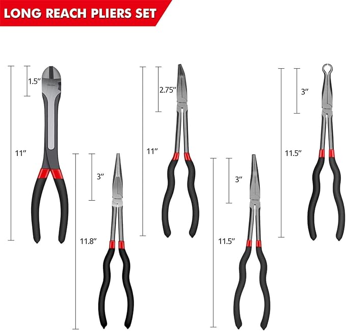TOOLEAGUE 5Pcs Extra Long Needle Nose Pliers Set, 11" Long Reach Straight,45/90 Degree Bent Nose,Diagonal Pliers and O-shape Tip Craft Repairing Tool