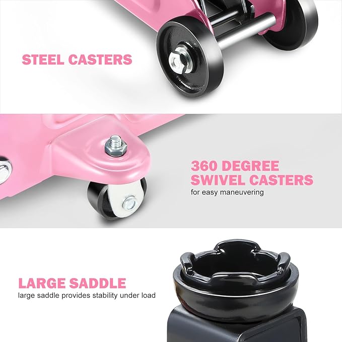 PM PERFORMOTOR Low Profile Hydraulic Trolley Service/Floor Jack, 1.5 Ton (3000 lbs) Capacity, Lifting Range 5.3"-12",Pink,PM-TOL-FJ15-PK