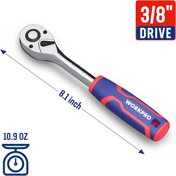WORKPRO 3/8-Inch Drive Ratchet Wrench, 72-Tooth Reversible Ratchet, Quick-Release 3/8 Drive Ratchet Handle, CR-MO Head, Chrome Plated Finish