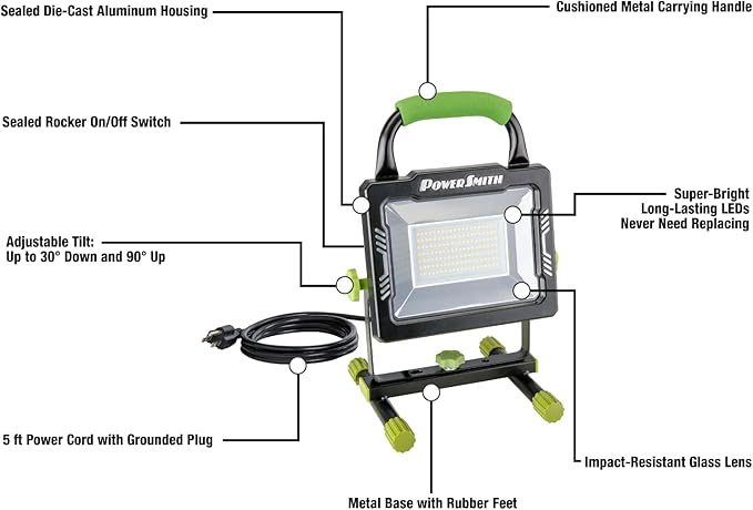 POWERSMITH 10,000 Portable LED Work Light with Metal Housing and Stand, Impact Resistant Lens, and 5 Year Warranty (PWLS100H)
