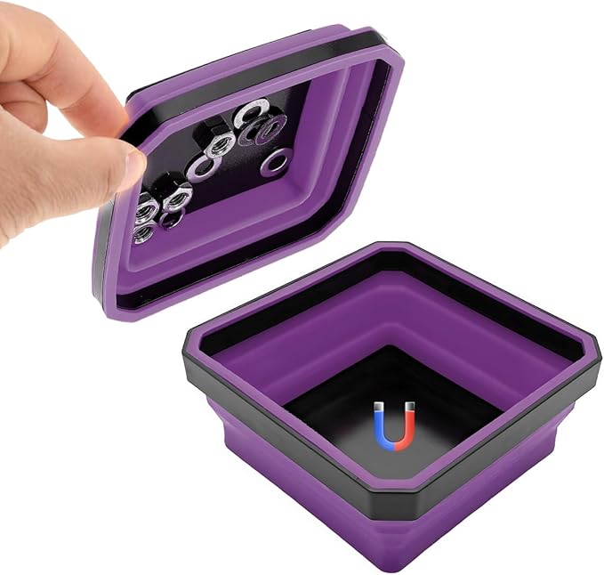 Collapsible Magnetic Parts Tray, 4.5" Square Silicone Tool Tray with Double-Sided Magnetic Base, Foldable Bowls Small Metal Parts Holder for Screws Bolts Nuts Washers (Purple)