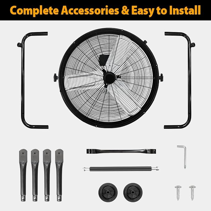 LifePlus 24 Inch Industrial Drum Fan, High Velocity Floor Fan, 3 Speed Heavy Duty Metal Air Circulator, 360° Tilt with Casters Handle ETL Standard for Patios, Warehouse, Commercial, 8900 CFM