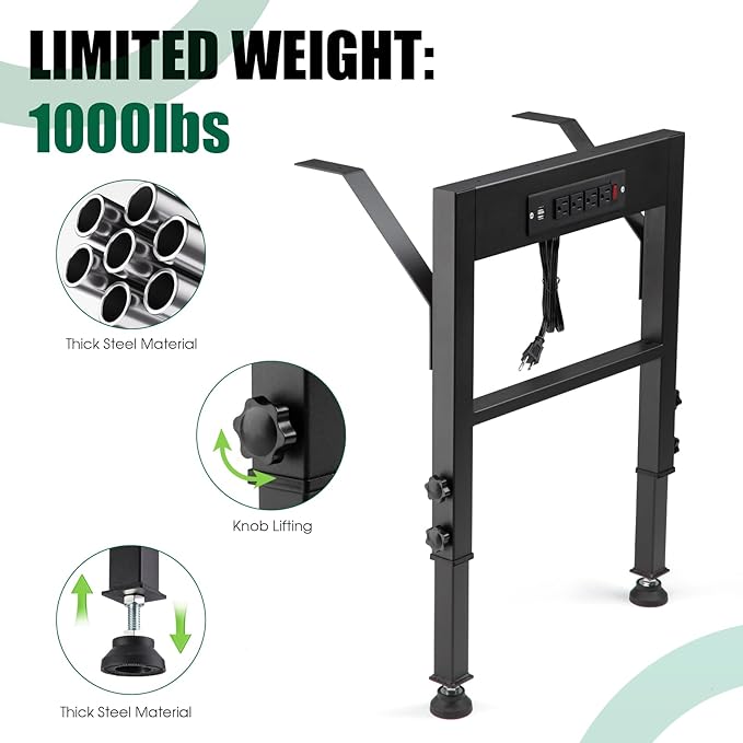 OLBRUS 19.6-Inch Depth Workbench Frame, Height Adjustable 28.5" to 33.8",Set of 4 Metal Table Legs with Floor Protectors, Heavy Duty DIY Furniture Legs for Study Desk（Power Outlets/Rubber Pad）