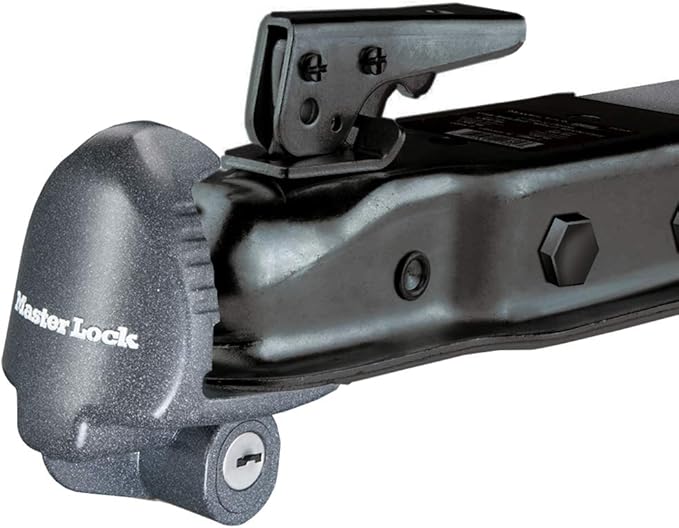 Master Lock Black Universal Size Trailer Hitch Lock, Trailer Coupler Lock for Securing RV’s, Horse Trailers, Tool Trailers and More, 379ATPY
