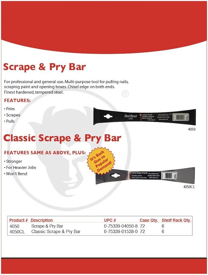 Red Devil 4050CL Classic Scrape & Pry Bar - Heavy-Duty Multi-Purpose Tool, Hardened Steel Construction, Dual Chisel Edges