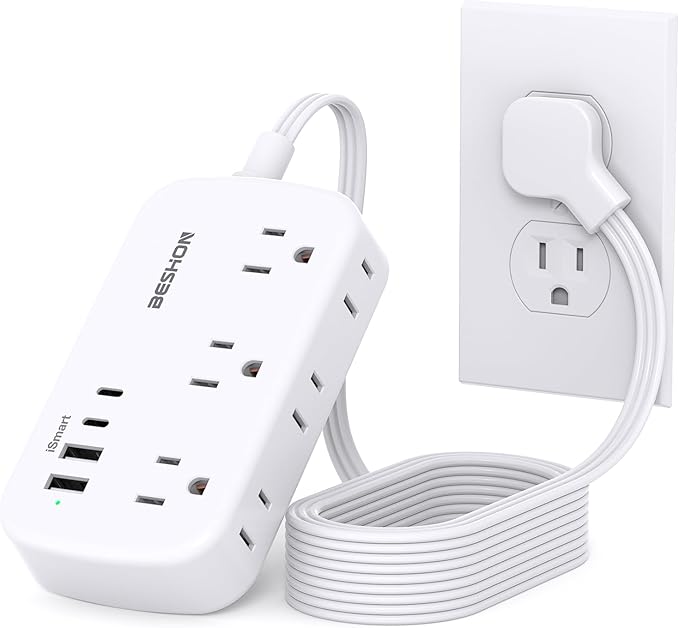 15FT Flat Plug Power Strip with USB C, BESHON Flat Extension Cord, 6 Outlets 4 USB Port(2 USB C), No Surge Protector, Cruise Ship, Dorm Room Travel Essentials