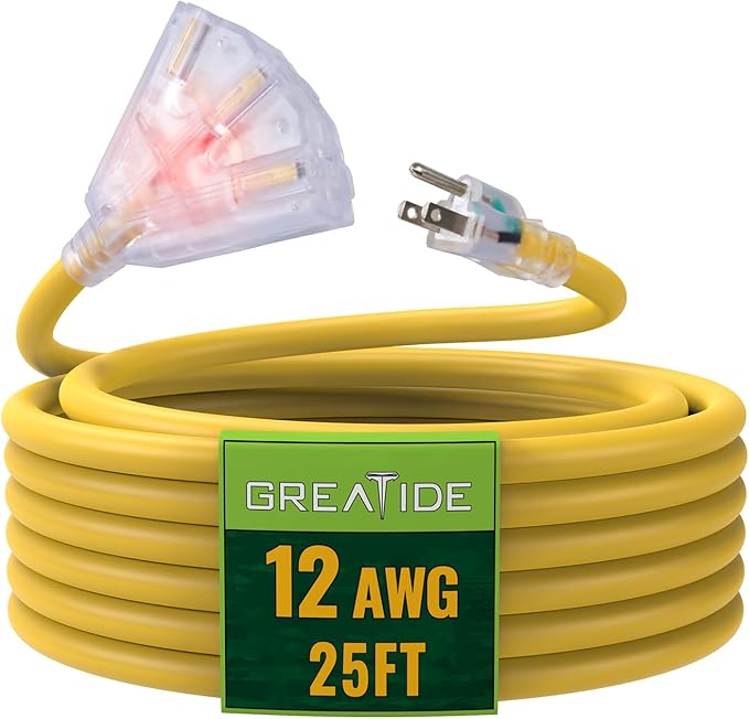 25 Ft Lighted Outdoor Extension Cord with 3 Electrical Power Outlets - 12/3 SJTW Heavy Duty Yellow Extension Cable with 3 Prong Grounded Plug for Safety, UL Listed