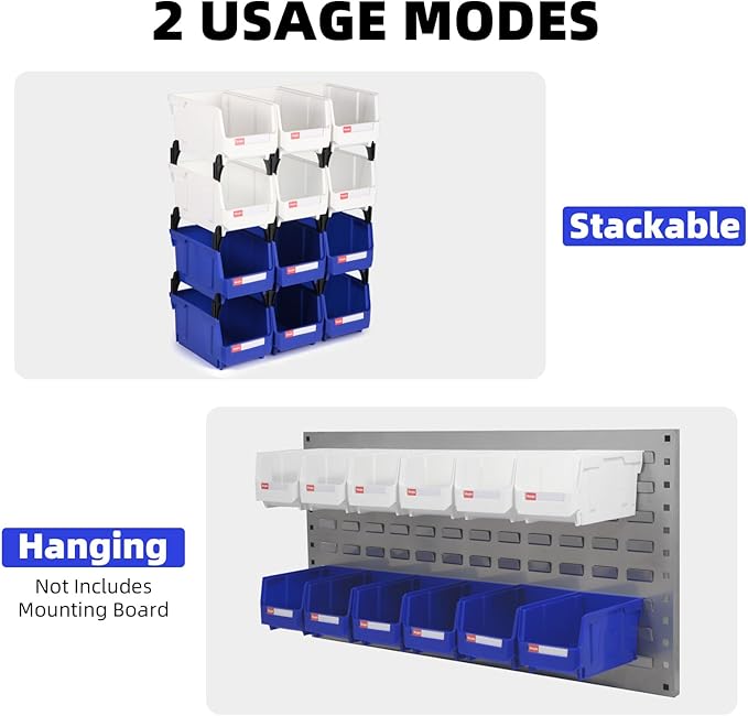 Stackable Storage Bins 12 Pack (7x5x4 Inch), Plastic Stackable Storage Organizer Bins Wall Mounted Hanging Small Parts Bin for Garage, Workbench & Office (Blue & Red)