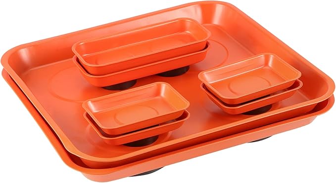 SEUNMUK 8 Pack Orange Magnetic Parts Tray Set, Stainless Steel Rectangle Magnetic Tray Holder for Socket Screw, Nuts, Bolts, Metal Parts, 11.4 x 10 Inch, 5.9 x 2.6 Inch and 3.7 x 2.5 Inch