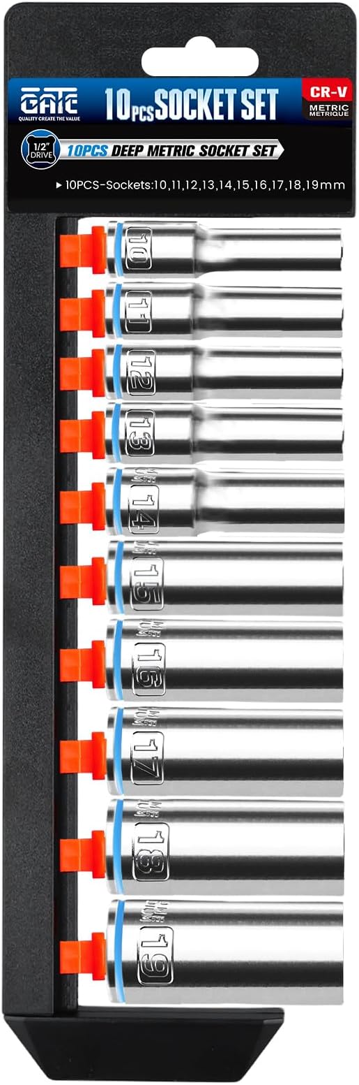 10PCS 1/2” Drive Deep Socket Set, Metric (10mm-19mm), 6-Point, Cr-V Steel, Chrome Plated Socket With Hanging Bracket, Cover Most Commonly Sizes