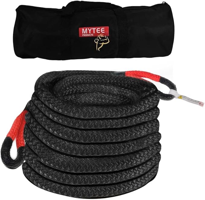 Mytee Products 7/8" x30' Kinetic Recovery Rope w/Velcro Strap & Tote Bag - 28,600 LBS Red & Black - Heavy Duty Kinetic Energy Tow Rope - Offroad Snatch Strap for Truck, SUV, UTV, ATV, Car, Tractor