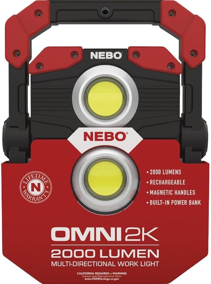 NEBO OMNI 2K Rechargeable Work Light | 2000 Lumens COB, 6 Light Modes, Rotating Magnetic Handles, Built-In Power Bank, Water Resistant, Portable Camping Lantern, Includes USB-C Charging Cable