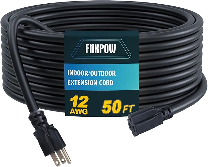 Indoor Outdoor Extension Cord, 12 Gauge 3 Prong Weatherproof Heavy Duty Black Extension Cords，12/3 SJTW 15A 50 FT Extension Cable for Garage, Garden and Home, UL Listed