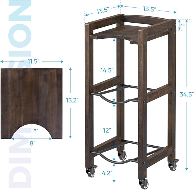 3-Tier 5 Gallon Water Jug Holder with Top Shelf – 4 Metal Wheels or Adjustable Feet – Natural Hardwood Water Dispenser Floor Stand – Wooden Organizer for Kitchen, Office, Garage – Space-Saving Design