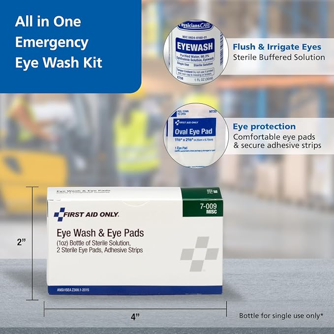 First Aid Only 5-Piece Eye Wash Kit with Oval Eye Pads, First Aid Adhesive Strips & Emergency Eye Rinse