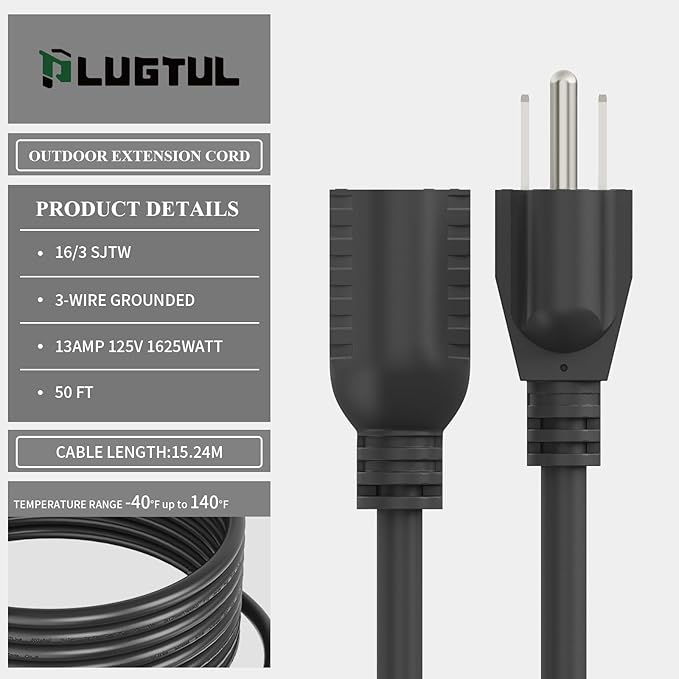 PLUGTUL 2-Pack Extension Cord 50 FT, 16/3 Outdoor Extension Cord Waterproof, Heavy Duty 3 Prong Extension Cord Black, 13A 1625W SJTW, ETL Listed, Great for Garden and Home