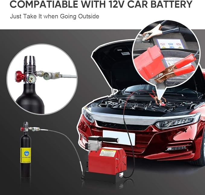GX PUMP GX-E-CS2 Portable PCP Air Compressor, 4500Psi/30Mpa, Oil-Free,Powered by Car 12V DC or Home 110V AC with Converter (Included), Paintball Tank Compressor with Extra Moisture-Oil Separator