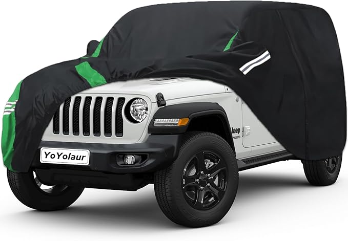 Car Cover Compatible with Jeep Wrangler Waterproof 2 Door Custom Fits for TJ YJ CJ JK JL, Outdoor Full Exterior Soft Cotton Lining Sun Rain Snow Hail Protection with Driver Door Zipper