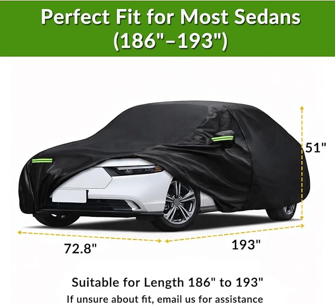 Car Cover Waterproof All Weather for Automobiles, Outdoor Full Exterior Sedan Covers Black(Suggest Car Length from 186"-193")