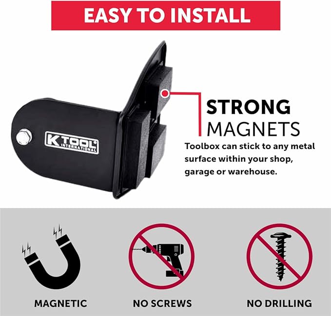 K Tool International 72462A Magnetic Toolbox Shelf, Tray, and Holder Set for Garages, Repair Shops, and DIY, Rubber Coated Magnets, (2) Trays, (1) Paper Towel and Spray Can Holders, Black, 4-Piece