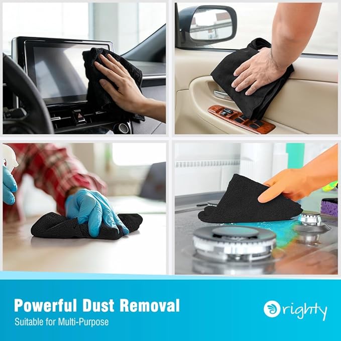 Orighty Microfiber Cleaning Cloth, 12 Pack Microfiber Towels for Cars, Highly Absorbent Car Cleaning Supplies, Lint Free Cloths Clean Rags for Car Care, House, Kitchen, 12x12 inch, Black