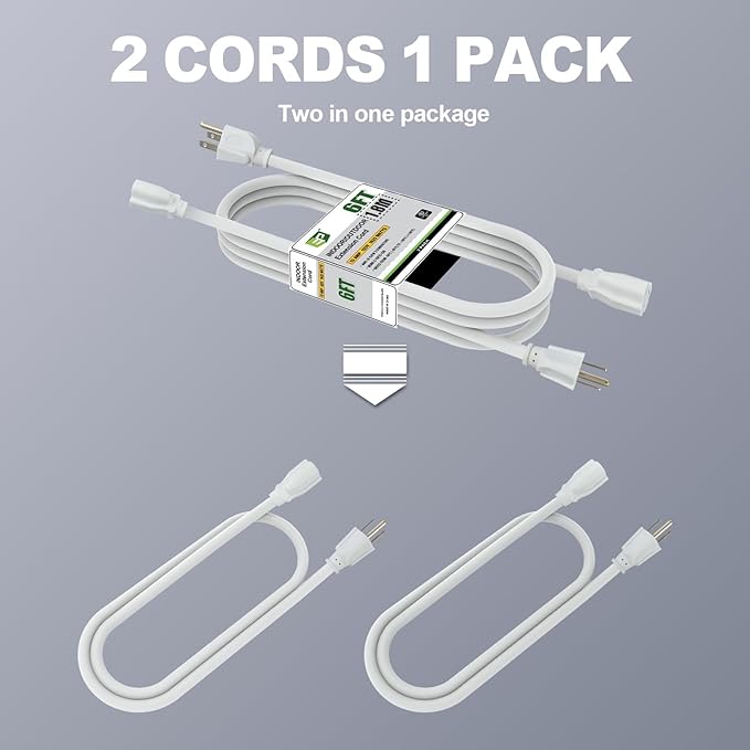 EP 2 Pack 6 Ft Outdoor Extension Cord - 16/3 SJTW White Electrical Cable with 3 Prong Grounded Plug