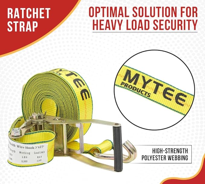Mytee Products 20 Pack 2" x 27' Ratchet Straps with Wire Hooks 10,000 lbs Breaking Strength - Heavy Duty Cargo Tie Down Straps for Truck, Trailers, Moving Appliances, Motorcycles & Flatbed Loads