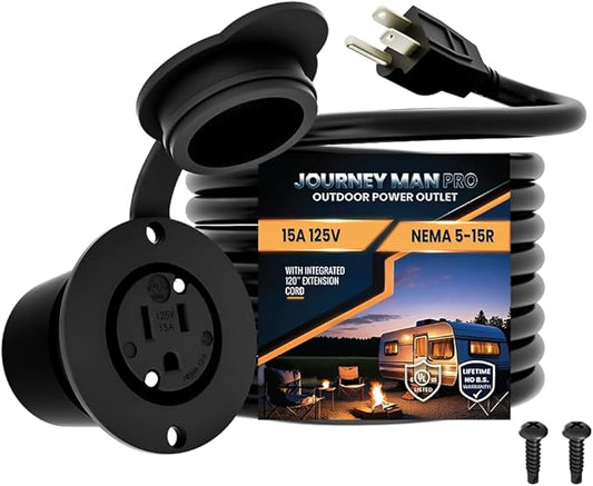 10 Foot 15A Weatherproof Outdoor Power Outlet by Journeyman-Pro 15 Amp 110/120 Volt 5-15R Receptacle Kit with Integrated (10' FT) 120" Extension Cord + Waterproof Rubber Cover (Black)