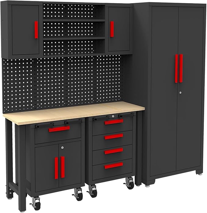 Torin Garage Storage Cabinets System, 6-Pcs Workshop Cabinet Set in Black, Included Steel Cabinets Drawers Rolling Chest and Pegboard,Locked Garage Storage Cabinet