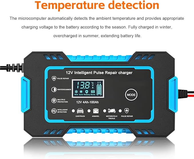 Mandark Car Battery Charger, 12V 6A Smart Fully Automotive Battery Trickle Charger, Portable Vehicle Battery Maintainer Desulfator with Temperature Compensation, Universal for SUV RV Truck (Blue)