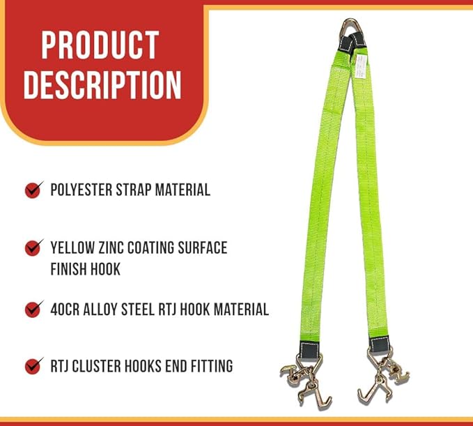 Mytee Products Tow Straps V Bridle 3" x 48" w/RTJ Clusters, Hi VIZ/HI Abrasion Green Webbing, 5400 lbs WLL | Recovery V Strap w/Reinforced Webbing for Towing, Wrecker, Rollback, Car Hauler