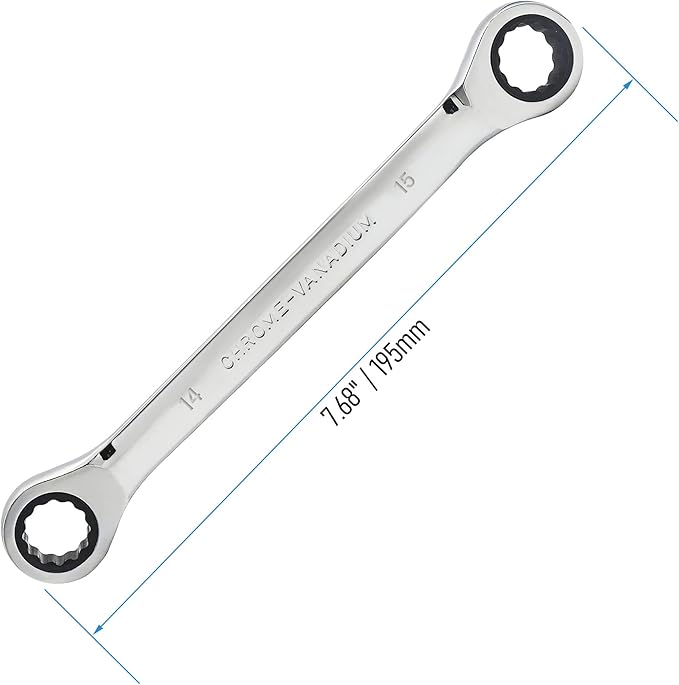 Double Box End Ratcheting Wrench 14mm x 15mm Metric 72 Teeth 12 Point Ratchet Gear Spanner Tools, Heat-Treated CR-V