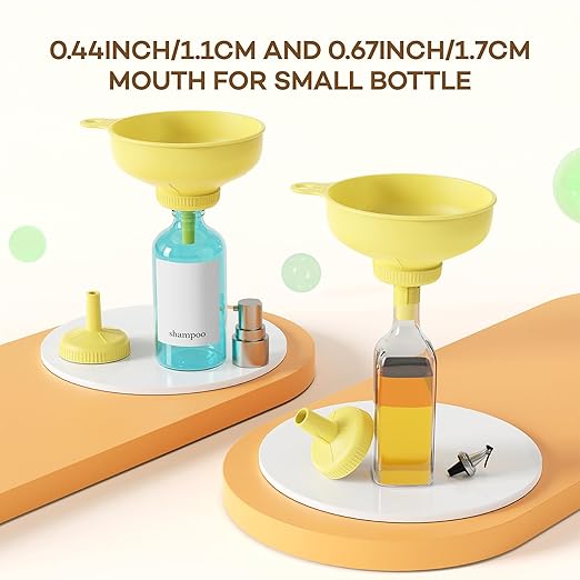 Wide Mouth Versatile Funnel, Canning Funnels for Kitchen Use, Food Grade Plastic Cooking Funnel Set with 4 Size Spouts and 2 Strainers for Filling Different Bottles and Bags, Yellow
