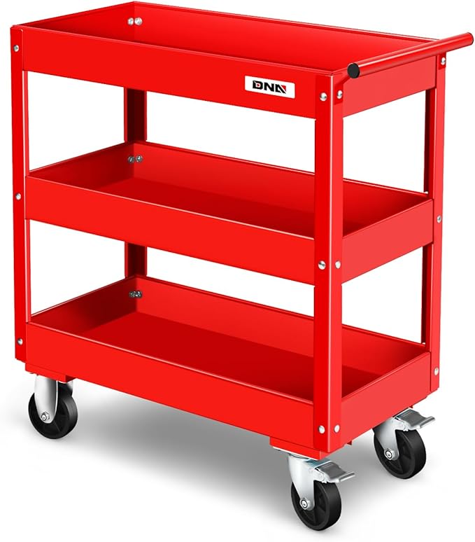 DNA Motoring 3-Layer Steel Utility Service Cart with Casters for Warehouse, Garage, Office, Supports Up to 330 lbs, Red, TOOLS-00413