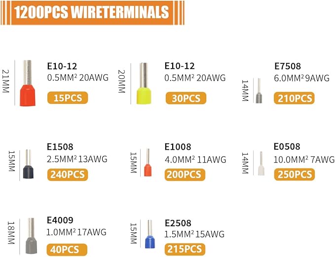 Ferrule Crimping Tool, Wire Ferrule Kit with 1200PCS Wire End Ferrules & Crimper Plier, Adjustable Ratchet Pliers for AWG 23-7 (0.25-10mm²) Electrical Wire Connectors