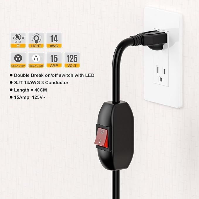 Inline On/Off Switch Extension Cord, Plugrand 3-Prong Household Switchable Power Cords, Heavy Duty 15A 125V, Double Break Switch Extension Cable, 40CM Cord