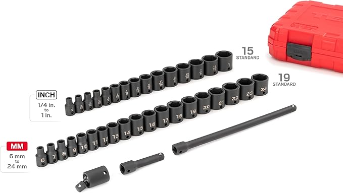 TEKTON 3/8 Inch Drive 6-Point Impact Socket Set, 37-Piece (1/4-1 in., 6-24 mm) | SID91402