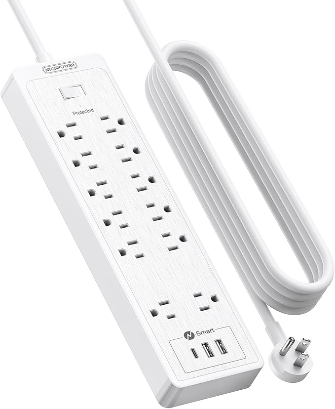15 ft Extension Cord Flat Plug Power Strip, NTONPOWER 2100 Joules Surge Protector with 12 Outlet 3 USB Port, 1875W/15A, Overload Protection, Long Cord Wall Mountable for Home Office Accessories, White