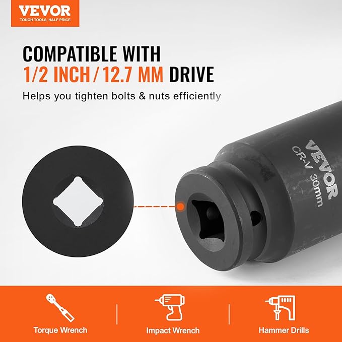VEVOR Axle Nut Impact Socket Set - 1/2" Drive Deep 6+12-Point 14-Piece Metric Spindle Nut Socket CR-V Heat Treated Large Socket Set with Storage Case for Auto Repair, Removing or Installing Axle Nuts